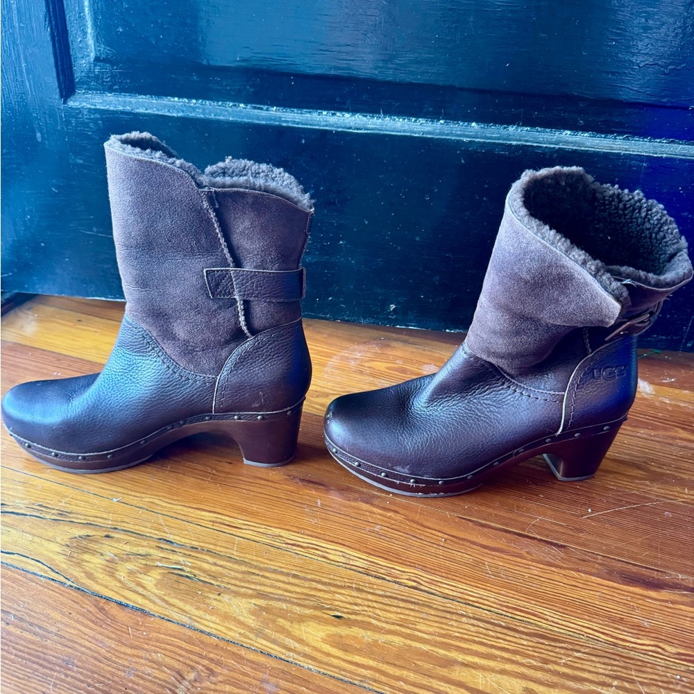 UGG Brown Sheepskin lined wood heel with metal stud work “Lynnea” Boots - Picture 3 of 16